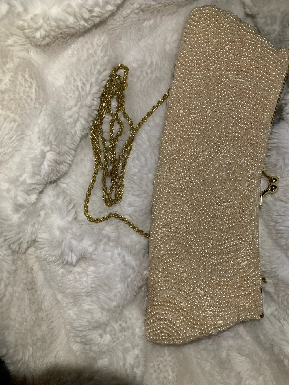 La Regale Pearl Beaded Clutch in Champagne